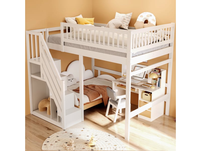  Lit mezzanine 140x200cm coloris blanc bois massif lit enfant blanc - Conforama E