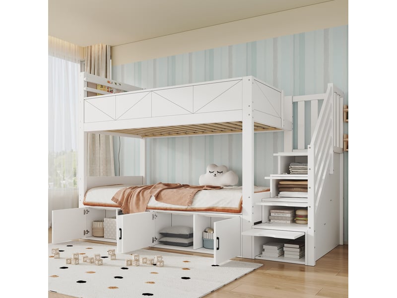  Lit superposé modenvie 90 x 200 cm avec escalier de rangement, rangements fermés, sécurité renforcée, blanc  - Conforama B