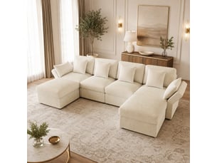 Canapé panoramique en u 4-6 places, accoudoirs réglables - 2 poufs, velours côtelé beige 290 × 159,5 × 89 cm