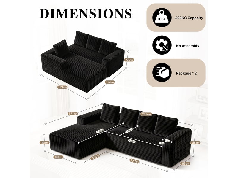  Canapé d’angle modulable avec méridienne réversible sans montage  - assise profonde, velours côtelé noir  - Conforama D