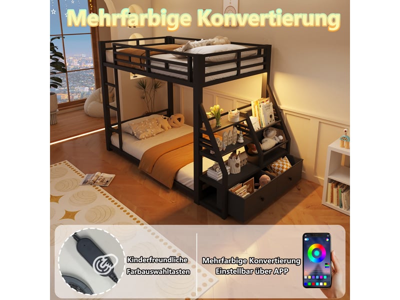  Lit superposé enfant 90x200 cm en métal - led intégrée, échelle avec barrières de sécurité, 2 tiroirs en tissu, noir  - Conforama E