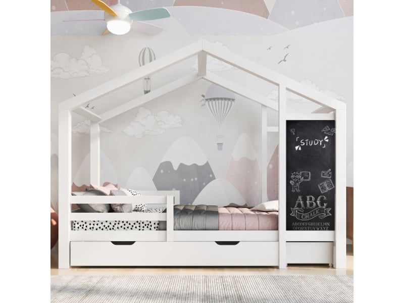 Lit cabane 90x200 cm, lit enfant avec 2 tiroirs, tableau noir, clôture et sommier à lattes, en bois, blanc, sans matelas  - Conforama B