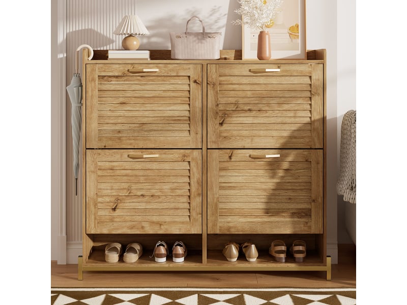  Meuble à chaussures 108,5x24x100 cm, 4 portes à lattes, cadre métal et plateau supérieur, rangement pour entrée et couloir - bois  - Conforama D