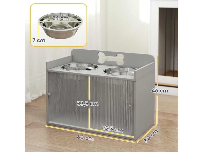  Station de repas surélevée 60x30x46 cm – gris – double bol inox avec rangement 50 l et portes acryliques  - Conforama C