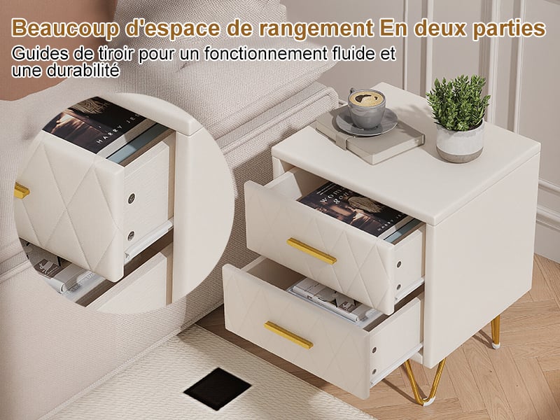  Lot de 2 tables de chevet avec 2 tiroirs de rangement coloris blanc en pu  - Conforama E