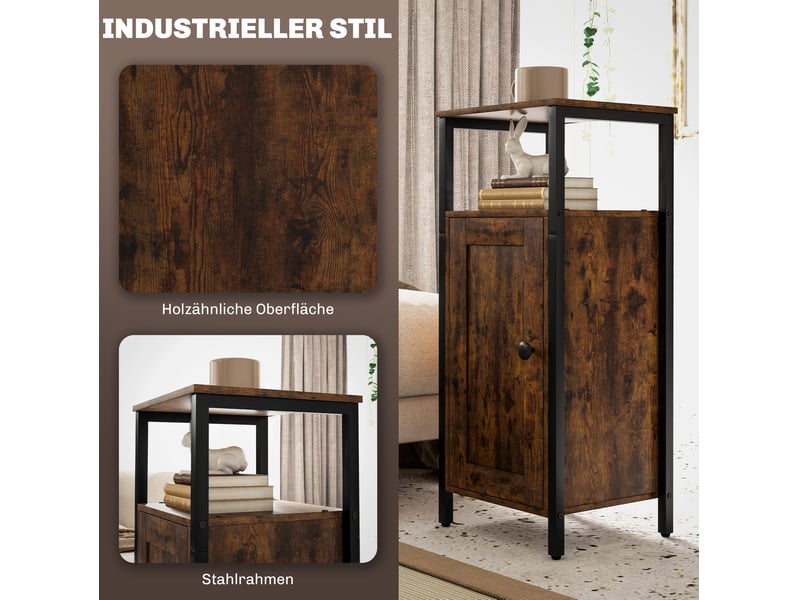  Bout de canapé industriel avec rangement, étagère réglable, 34 x 30 x 80 cm, marron  - Conforama D