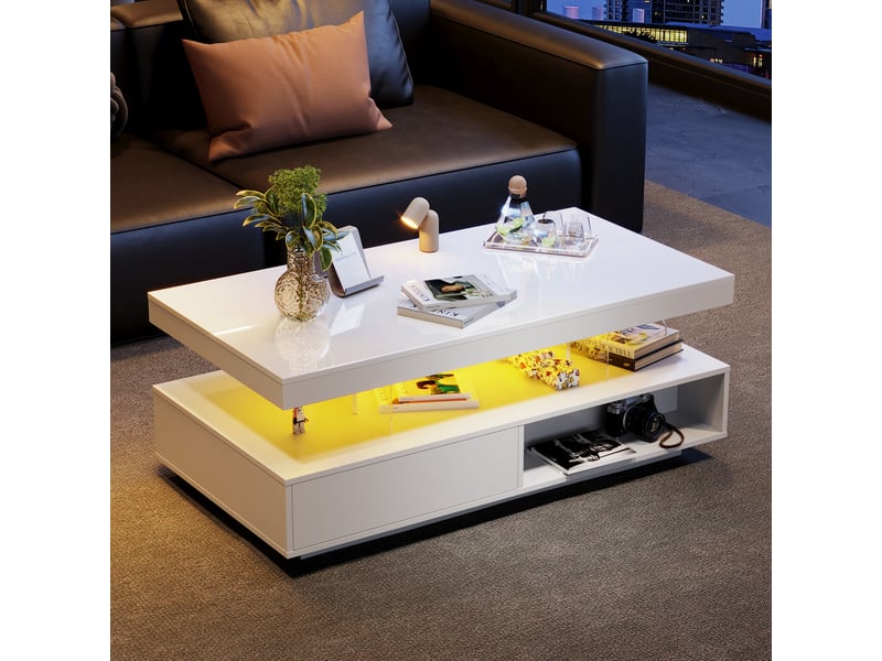  Table basse brillante en panneaux de particules avec lumière led,4 plateaux en verre,2 tiroirs et 2 compartiments ouverts,blanc table basse blanc - Conforama B