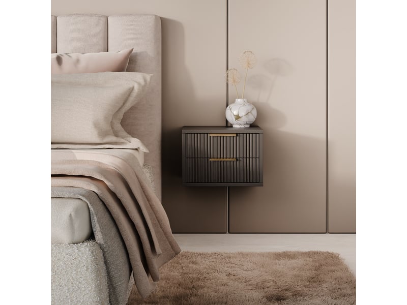  Table de chevet murale suspendue monea 2 tiroirs noire avec façades rainurées  - Conforama C