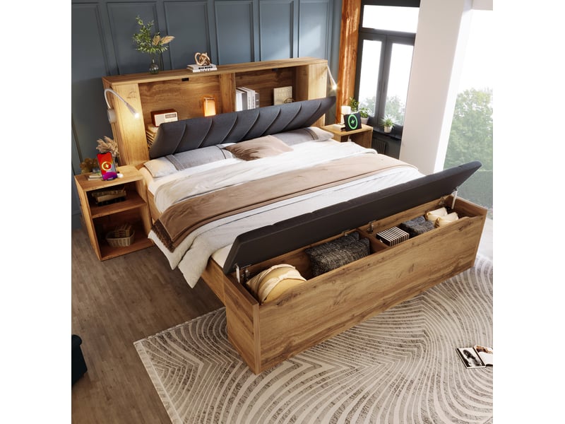 Lit double 160 × 200 cm avec tête de lit relevable, 2 tables de chevet, banc rangement, lampes usb, chêne - Conforama D