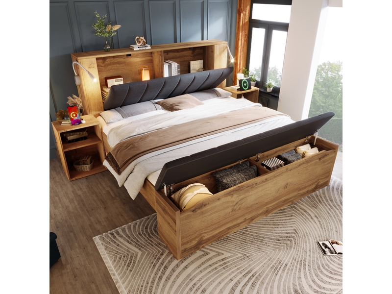  Lit double 160 × 200 cm avec tête de lit relevable, 2 tables de chevet, banc rangement, lampes usb, chêne  - Conforama D