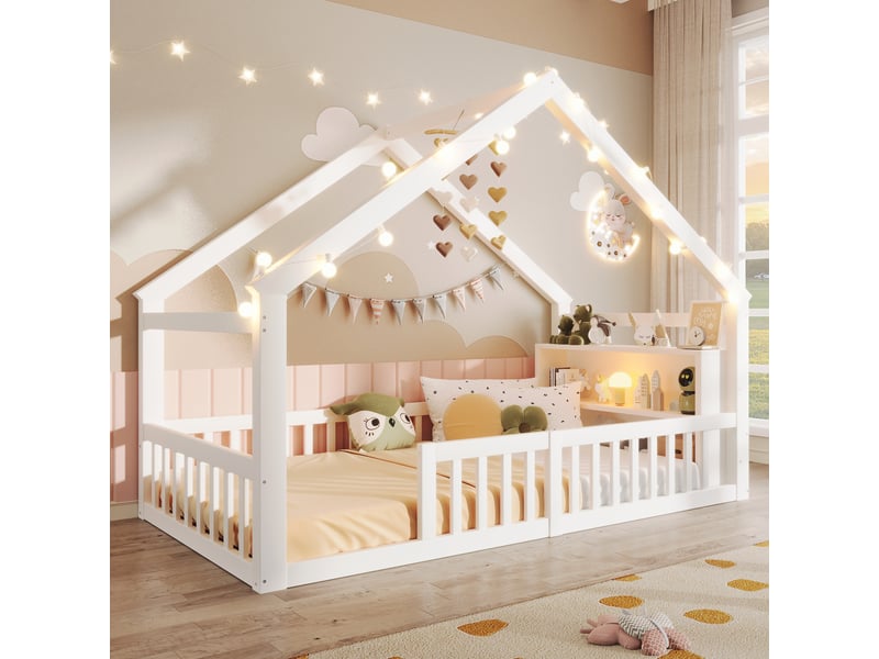  Lit simple 90x190 cm avec barrières de sécurité, lit enfant avec cadre en pin, pour 1 personne, blanc  - Conforama E