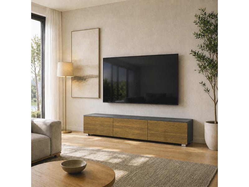  Meuble tv suspendu ou sur pied 160 cm pour téléviseur 65 pouces, porte à fermeture, passe-câbles, noyer  - Conforama A