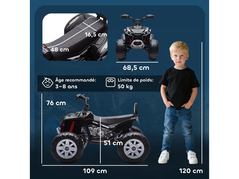  Quad électrique enfant 24v, voiture électrique enfants atv, double moteur, phares, port usb et mp3, 109x68,5x76cm, noir  - Conforama E