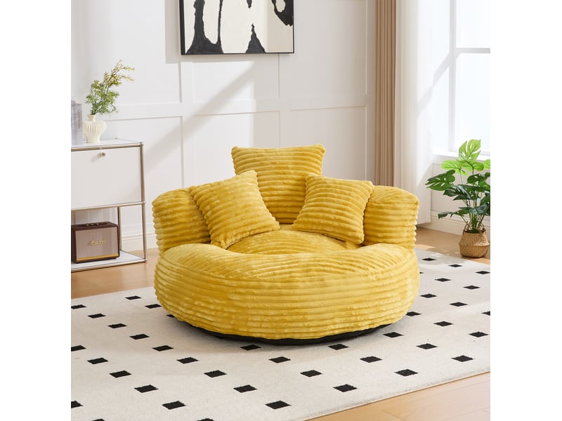  Fauteuil poire 108x108x52 cm grand dossier accoudoirs ergonomique confort mousse rembourré velours côtelé jaune moutarde  - Conforama E