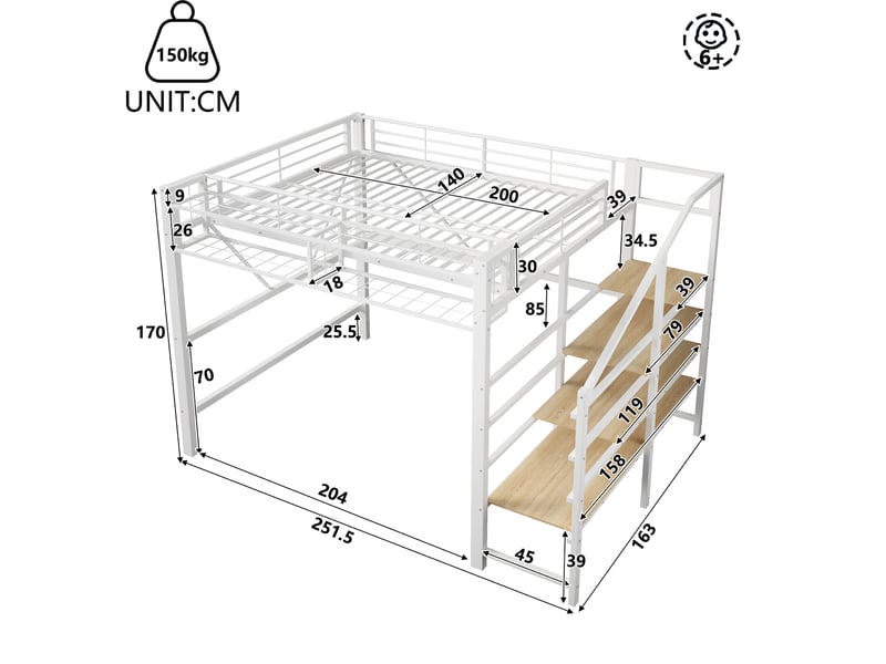 Lit mezzanine 140 x 200 cm en métal, étagère escalier, grille, panier, led, sans matelas, blanc  - Conforama B