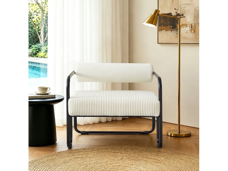  Fauteuil lounge confortable en velours côtelé avec dossier cylindrique et structure métallique noire, beige  - Conforama C