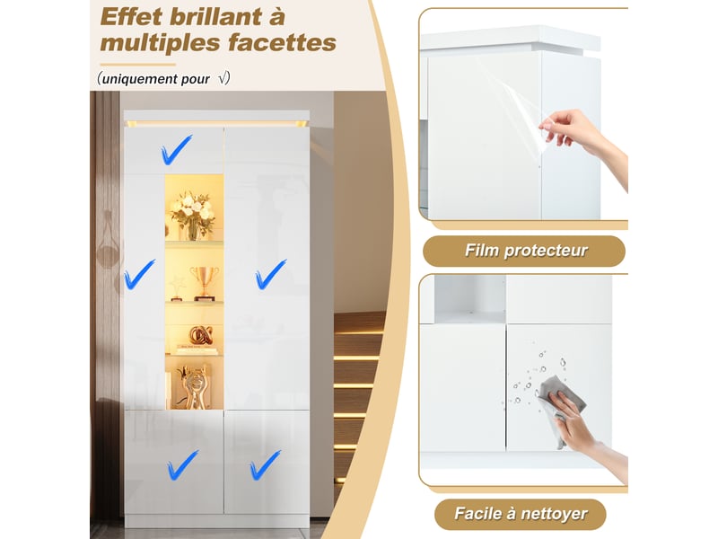  Vitrine haute 80x35x180 cm blanche avec porte acrylique, led bluetooth, 4 portes battantes, 6 étagères en verre réglables, meuble rangement salon  - Conforama E