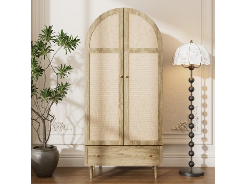 Penderie moderne bois et lin - tiroirs et portes, grand rangement, armoire chambre chic - Conforama E