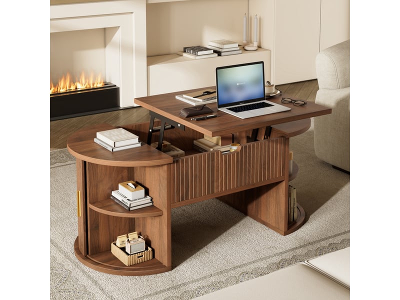  Table basse relevable - 100x50x40.5cm - table basse avec plateau relevable, coffre caché &amp; 2 portes coulissantes - noyer foncée  - Conforama C