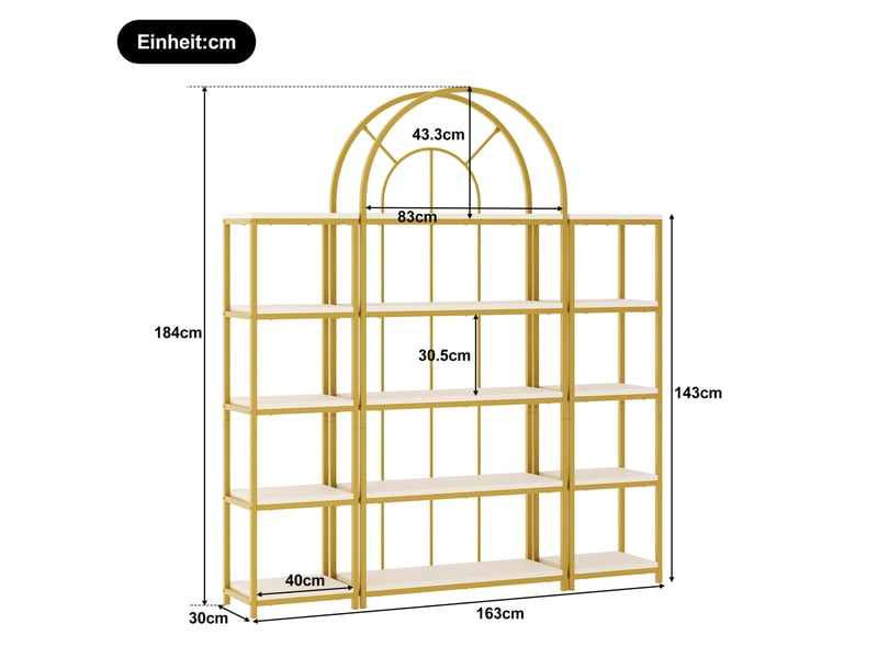  Bibliothèque modulaire 163x30x184 cm, anti-basculement, meuble salon, cuisine et bureau, mdf et métal, doré et blanc  - Conforama C