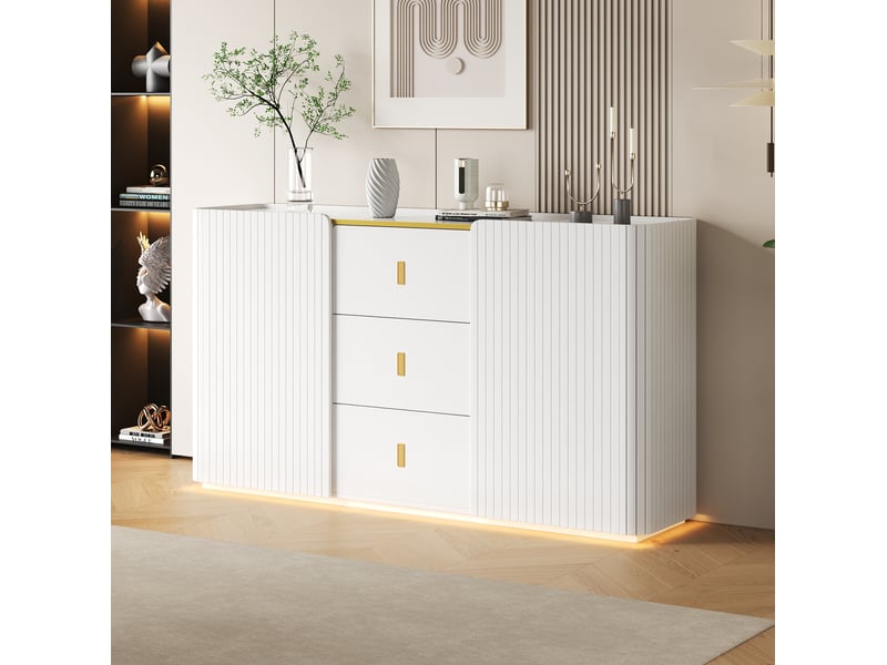  Buffet blanc avec éclairage led 22 couleurs, 2 portes et 3 tiroirs - 150 x 35 x 80 cm  - Conforama B
