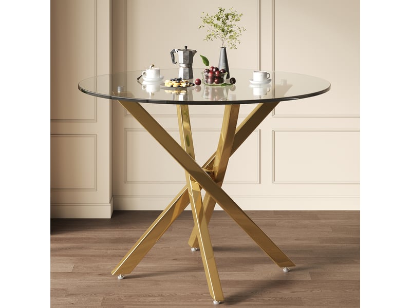  Table à manger ronde 80x80 cm en verre trempé avec pieds dorés  - Conforama C