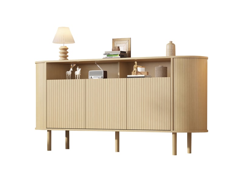  Buffet - 160x40x78,5cm - buffet de salon bas avec 3 portes côtelées ondulées, 2 niches &amp; 5 pieds bois - bois naturel  - Conforama A