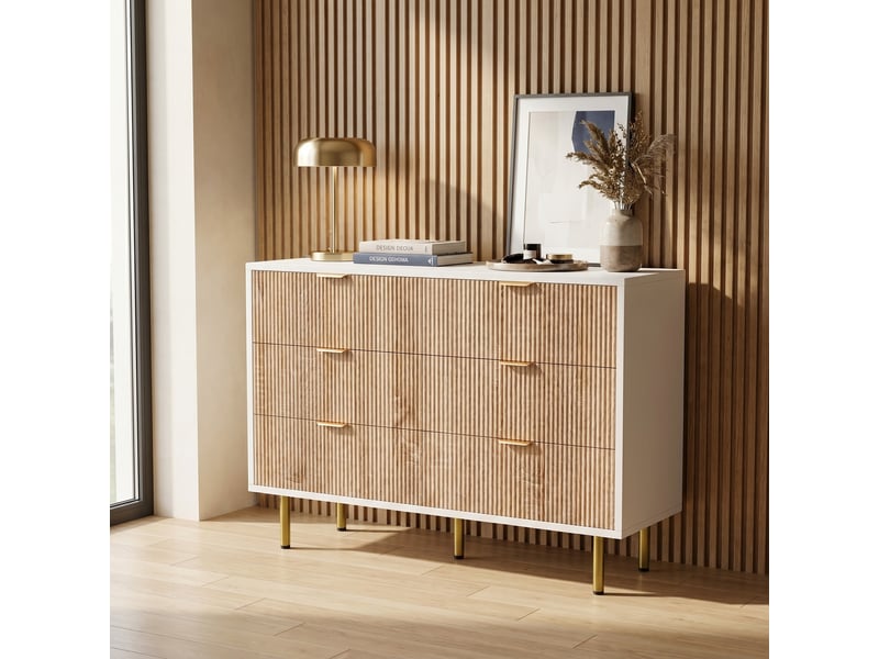  Commode, 100x34x73cm, 6 tiroirs de rangement, en bois avec pieds en métal, design à lattes, style moderne, blanc et bois naturel  - Conforama B