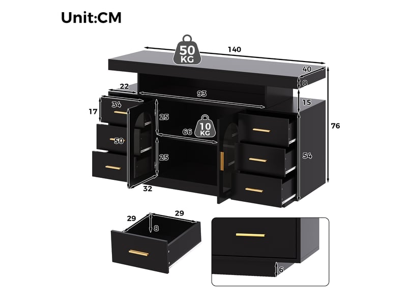  Buffet bar à vin,140x40x82 cm,led, 6 tiroirs et 2 portes vitrées,mdf,noir  - Conforama C