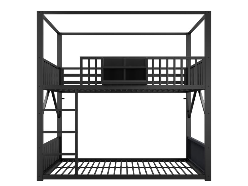  Lit superposé enfant 90x200 cm - 2 couchages - structure métal avec toit - barrière de sécurité - rangement - noir  - Conforama W