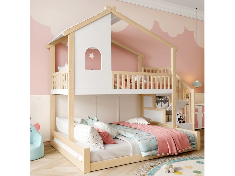  Lit superposé enfant 90x200 et 140x200 cm avec escalier de rangement, naturel blanc  - Conforama D