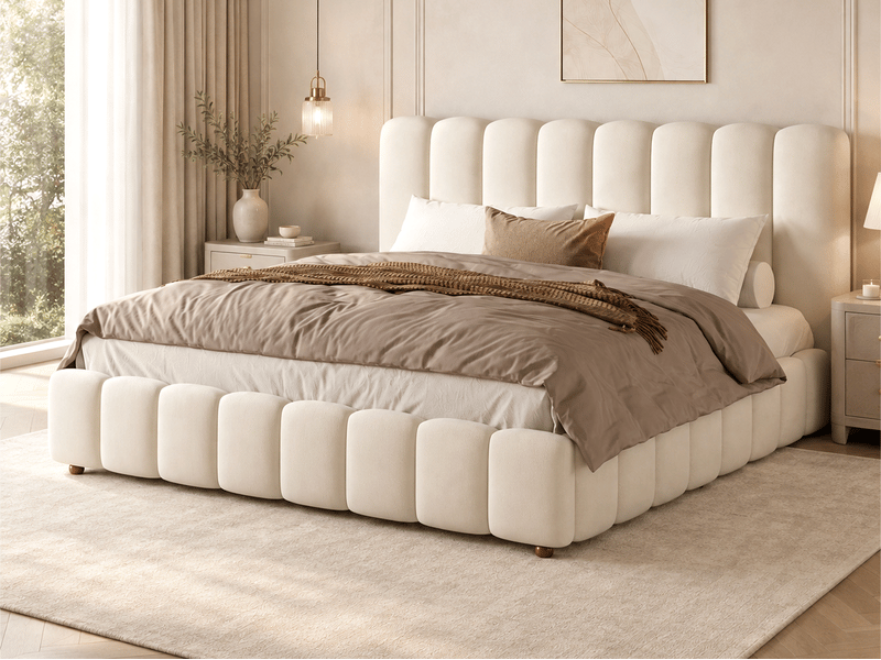  Lit coffre 160 × 200 cm, velours, sommier à lattes, tête de lit rembourrée, rangement, ouverture hydraulique, beige  - Conforama B