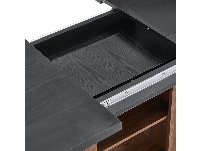  Table de séjour rectangulaire avec allonge centrale 130-160 cm avec étagères, mdf noir effet bois et noyer  - Conforama E