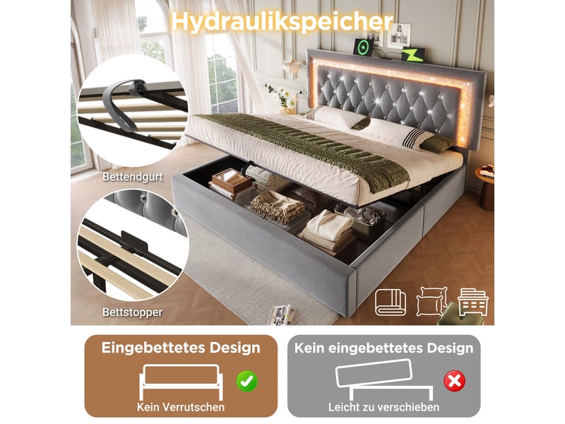  Lit coffre, lit double 160x200 cm, rangement hydraulique, led, usbusb-c, sommier à lattes, matelas inclus, velours gris  - Conforama D