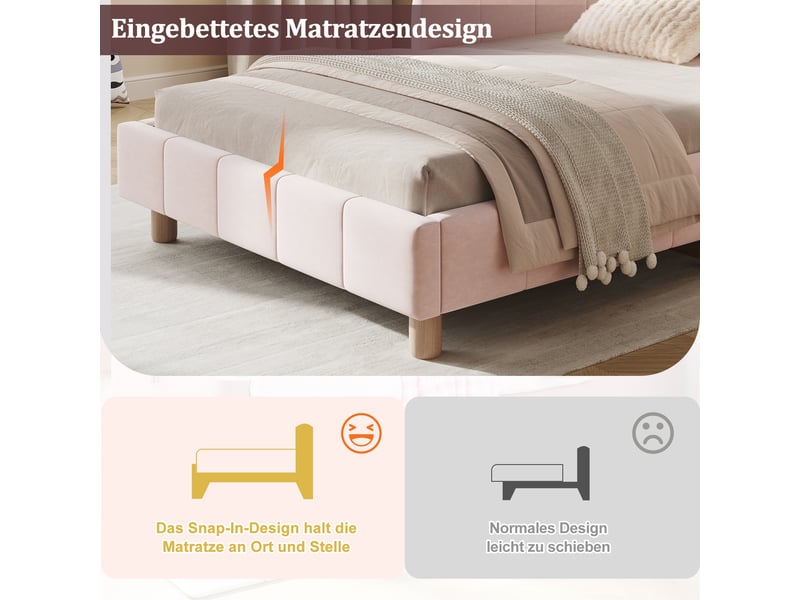  Lit enfant simple 90×200 cm avec barrière et tête de lit rembourrée - okmyhome- sans matelas, velours rose  - Conforama E