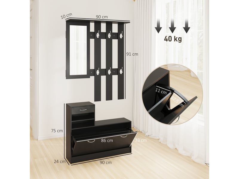  Ensembles 3 en 1 de meuble d'entrée vestiaire avec panneau porte-manteau, miroir et banc à chaussures noir  - Conforama E