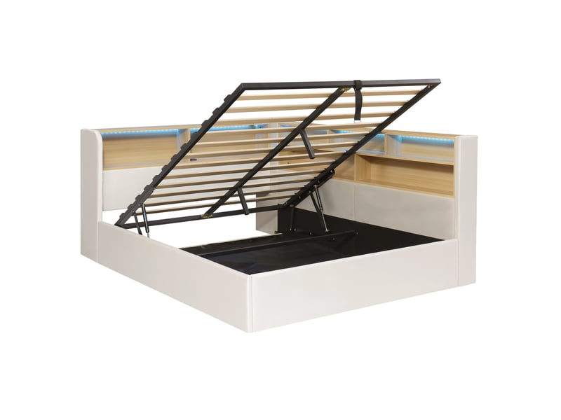  Lit banquette coffre 140x190 cm en velours beige avec led, usb et usb-c  - Conforama E