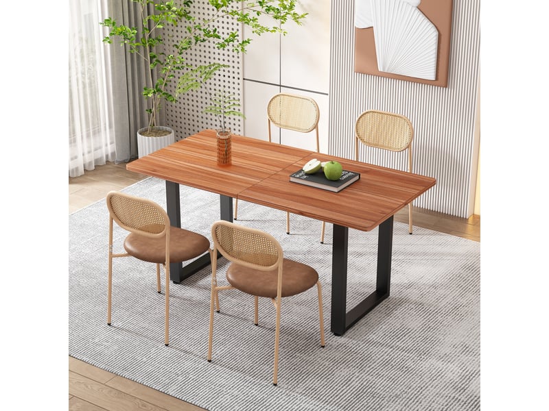 Lot de 6 chaises de salle à manger marron en pu, dossier en rotin naturel, pieds métal, assise rembourrée, style naturel - Conforama B