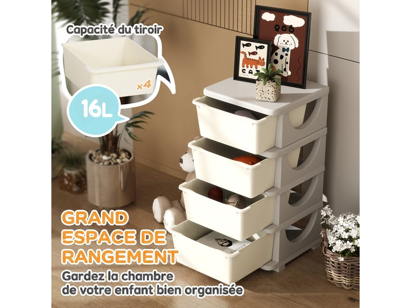  Organisateur de jouets pour enfants avec 4 tiroirs à 4 niveaux, boîtes de rangement en plastique, 37 x 37 x 76 cm, crème  - Conforama E