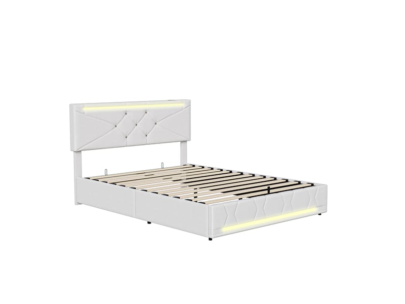  Lit coffre 2 places 140x190 cm, lit adulte, rangement, tête de lit réglable, led, ports usb, style simple, lin beige  - Conforama A
