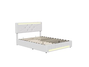 Lit coffre 2 places 140x190 cm, lit adulte, rangement, tête de lit réglable, led, ports usb, style simple, lin beige