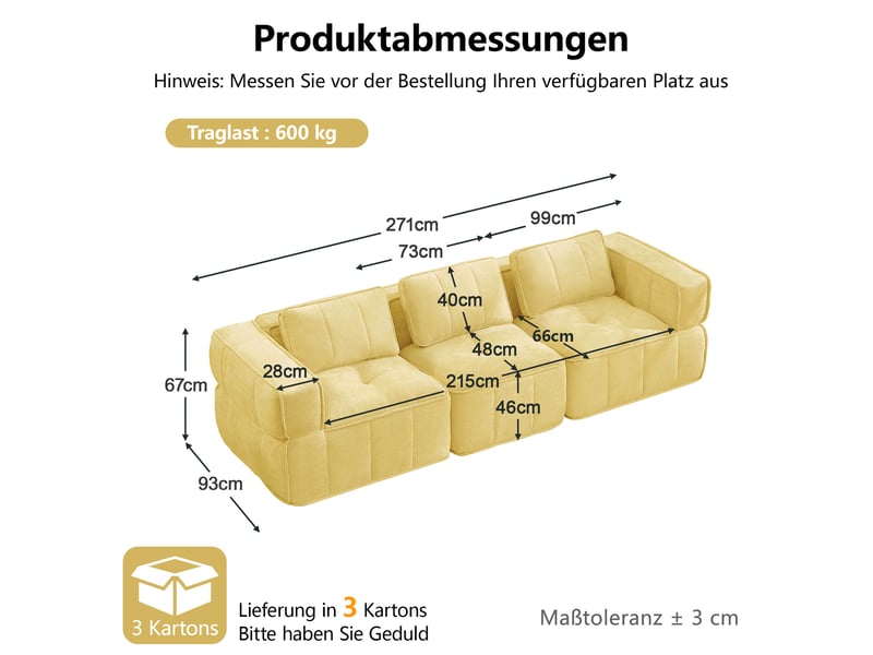 Canapé droit modulable 3 places en polyester jaune, 271 cm - Conforama C