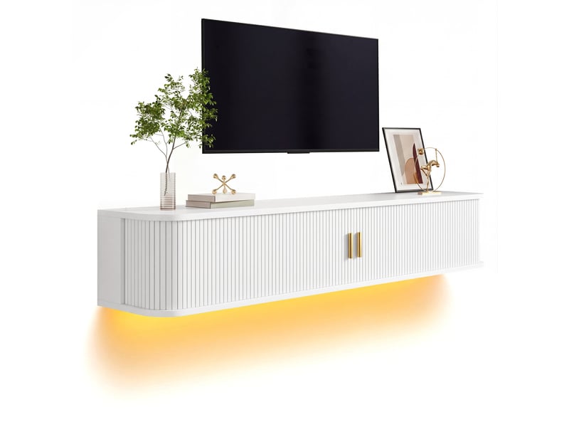  Meuble tv mural 175x30x30 cm, 2 portes coulissantes striées, tiroir, led réglable par application, mdf blanc  - Conforama A