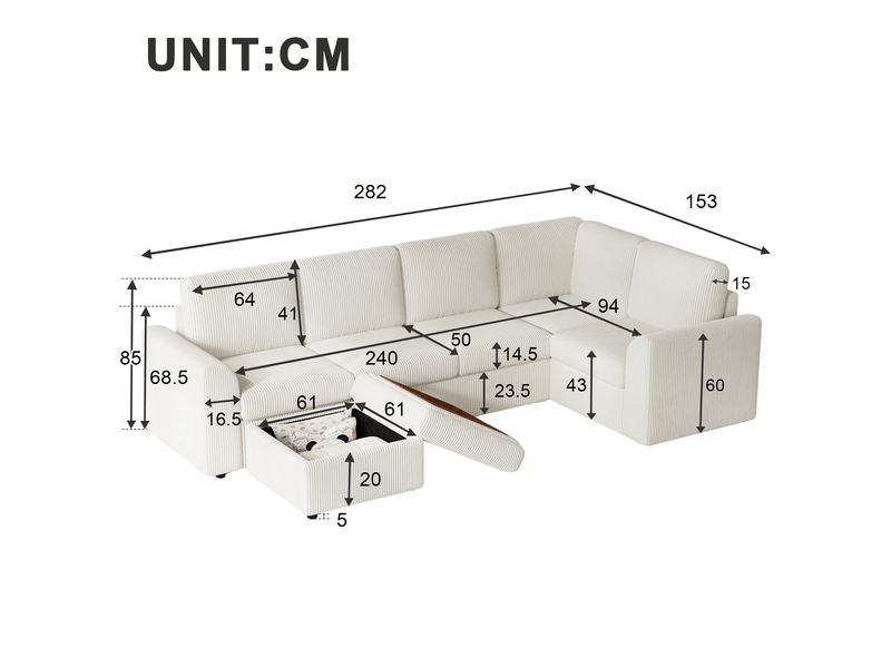 Canapé d'angle convertible 6 places en velours côtelé beige, avec pouf à rangement, 282×153×85 cm, mousse haute densité - Conforama C