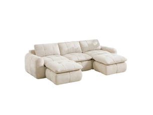 Canapé panoramique en u 3 places modulable avec 2 poufs, sans cadre et sans montage, en chenille beige