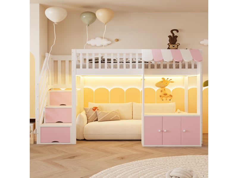 Lit mezzanine enfant simple 90×200 cm avec escalier de rangement et led - okmyhome- rose et blanc, sans matelas - Conforama C