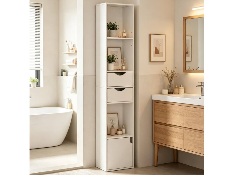 Bibliothèque étroite avec 3 niches, 2 tiroirs et 1 porte en panneaux mélaminés blancs - Conforama B