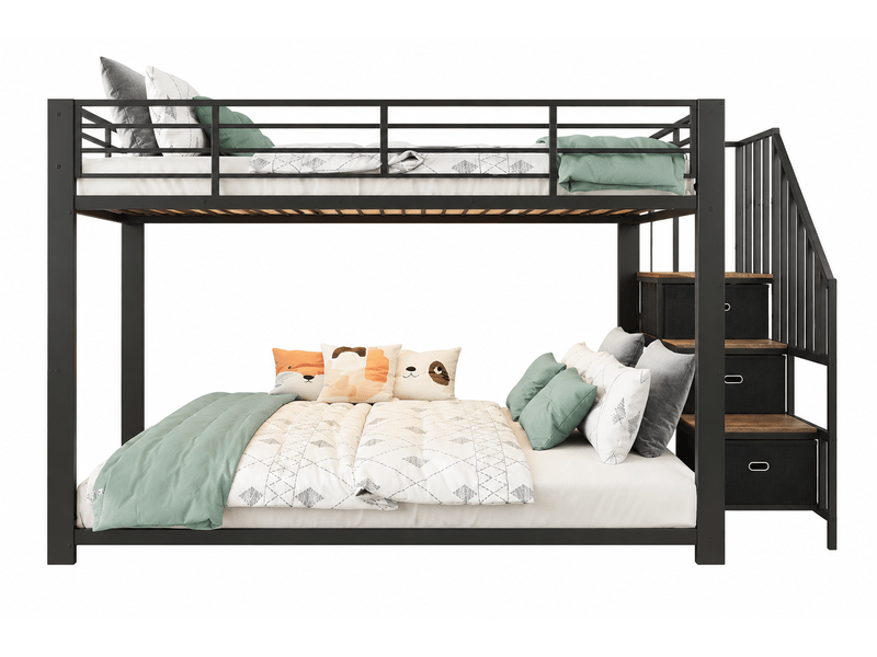  Lit superposé adulte 140x200 cm - escalier de rangement réversible, led et prises usb - métal et mdf - noir CozyNest - Conforama A