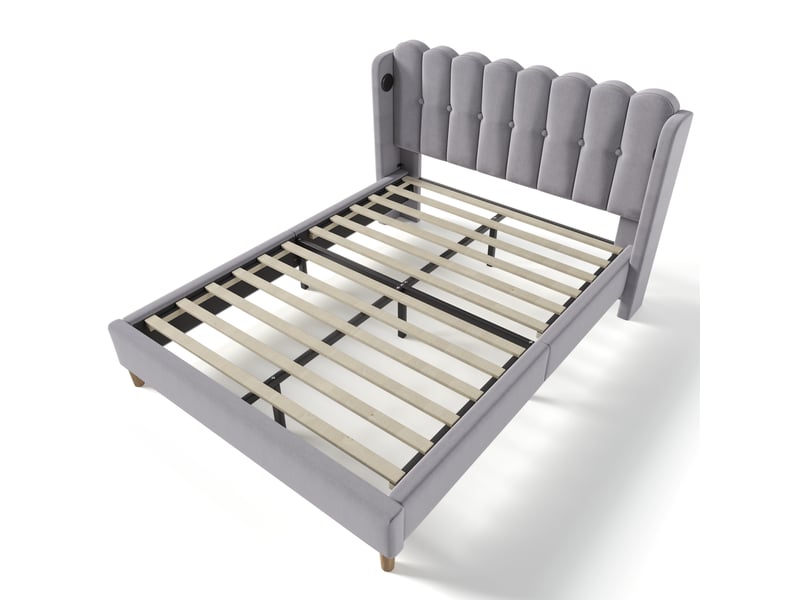  Lit double 160x200cm, port de charge usb, type-c, style épuré, design à boutons, incluant un matelas, lin, gris  - Conforama D