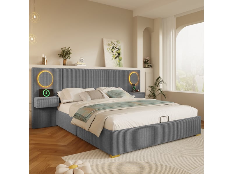  Lit rembourré 180x200 cm en velours gris avec tête de lit led, ports usb et rangement hydraulique intégré  - Conforama D